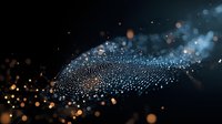 Digital fingerprint pattern dissolving into glowing particles against dark background with bokeh lights, representing cybersecurity and biometric technology.