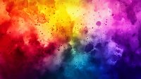 Vibrant rainbow watercolor background with splashes and splatters transitioning from red and orange to yellow, green, blue, and purple hues.