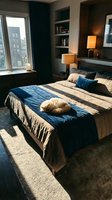 Modern bedroom with queen bed dressed in blue and cream bedding, golden retriever resting on mattress, dark accent wall, built-in shelving, warm table lamps, city skyline view through windows.
