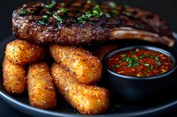 Grilled steak served with crispy golden potato croquettes and spicy tomato sauce on black plate, garnished with fresh herbs. Close up food photography.