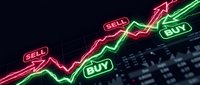 Neon glowing buy and sell signals with upward and downward trending arrows on dark background with financial data display for trading and investment concepts.