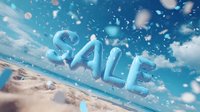 Glowing blue sale text floating above sandy beach with bokeh particles and dramatic sky background. Marketing and promotional design for summer offers.