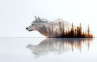 Double exposure wolf silhouette blending with misty forest landscape and lake reflection at sunset, creating ethereal wilderness scene for nature artwork.