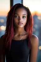 Young African American woman with burgundy hair against blurred city sunset background, wearing black top and delicate necklace, soft natural makeup and contemplative expression.