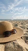 Straw hat and sunglasses resting on sandy beach with blue sky, summer text overlay, warm vacation mood for travel and seasonal social media.