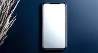 Modern smartphone with blank white screen on dark blue background with decorative dried pampas grass, minimalist mockup for app and web design presentation.