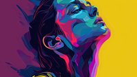 Vibrant pop art portrait of young woman with flowing hair in profile, face tilted upward against yellow background, featuring bold purple, pink and turquoise color palette.
