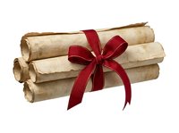 Rolled parchment scrolls tied with red ribbon bow, isolated on white background, suitable for certificates, diplomas, invitations, and design projects.