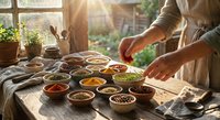 Woman arranging colorful spices and herbs in small bowls on rustic wooden table by sunny window for cooking preparation and culinary arts.