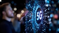 Futuristic 5G network visualization with glowing blue particles and digital connections, silhouette of man looking at interactive display in dark room.