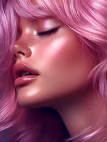 Young Asian woman with pink hair and freckles in dreamy profile pose showing glossy makeup, closed eyes, and glowing skin against pink background.