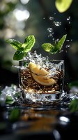 Refreshing cola cocktail with lime slices and fresh mint leaves splashing in glass tumbler on dark background with water droplets and bokeh lighting effects.
