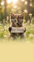 Adorable tabby kitten holding sorry sign in sunny meadow with bokeh background for apology and forgiveness concepts.