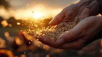 Cupped hands holding golden wheat grains against sunset sky with scattered seeds and bokeh light effects, symbolizing harvest, abundance and agricultural success.
