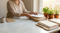 Woman in beige shirt reading book at white desk with potted herbs by sunny window. Cozy home office workspace for studying and relaxation.
