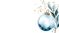 Watercolor winter decoration with transparent glass bauble in blue tones and golden dots, green leaves branch. Festive seasonal artwork on white background.