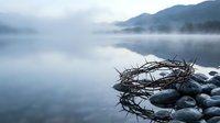 Serene misty lake landscape with crown of thorns resting on rocks at water's edge, reflecting mountains and fog for spiritual or religious themes.
