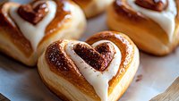 Heart shaped pastries with chocolate and vanilla cream filling on light surface. Fresh baked sweet danish pastry with white icing glaze in romantic design.