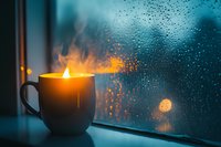 Glowing candle in ceramic mug by rainy window at dusk, with water droplets and bokeh lights creating cozy atmospheric mood. Perfect for seasonal content.
