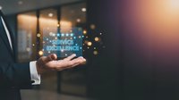 Service excellence concept with businessman holding glowing digital stars and rating symbols, representing customer satisfaction, quality feedback, and professional business success.