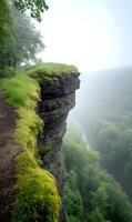 Dramatic cliff edge covered in vibrant moss overlooks misty valley with winding hiking trail along rocky outcrop. Atmospheric mountain landscape in foggy weather.