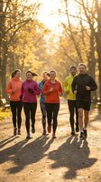 Group of diverse runners jogging together on autumn park path during golden hour sunrise workout session for fitness and healthy lifestyle motivation.