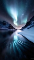 Northern lights dancing above frozen arctic landscape with snow-covered mountains, icy lake and starry night sky. Ideal for travel, nature and winter themed projects.