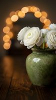 White ranunculus flowers in green ceramic vase with warm bokeh lights creating romantic atmosphere on wooden surface for home decor and floral arrangements.