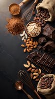 Chocolate making ingredients with cocoa powder, dark chocolate bars, cacao beans, almonds and copper kitchen utensils on dark slate background for baking.