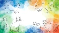 Colorful watercolor cat silhouettes and line art on rainbow gradient background for pet designs, logos, and creative projects.