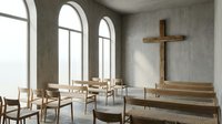 Modern minimalist chapel interior with wooden cross, benches, and arched windows for worship, meditation, or spiritual gatherings.
