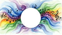Colorful musical notes flowing in rainbow waves around white circle, abstract music background for creative projects and artistic designs.