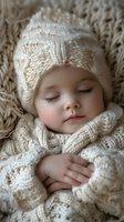 Peaceful sleeping toddler wearing cream knitted winter hat and sweater lying on soft textured blanket, gentle natural lighting highlights rosy cheeks and serene expression.