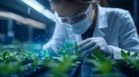 Female scientist in protective gear examining green plant seedlings in modern laboratory with glowing particles, conducting agricultural research and development.