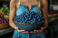 Fresh ripe blueberries in dark ceramic bowl held by young caucasian woman in denim overalls, healthy organic berries for natural food styling.