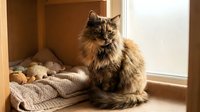 Fluffy tortoiseshell cat sitting by sunny window with cozy knitted blanket and wooden eggs creating warm domestic atmosphere for home decor projects.