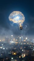 Creative brain lightbulb glowing with neural networks floating above blurred city lights at night representing innovation and bright ideas.