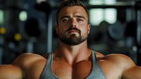 Muscular athletic Caucasian male with beard wearing gray tank top in gym setting, looking confidently at camera. Dark moody fitness environment with bokeh lights.