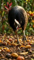 Cassowary bird foraging for food among fallen fruits and leaves in tropical rainforest habitat during golden hour sunlight creating natural wildlife scene.