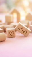 Wooden blocks with heart symbol and 2027 year number on soft pink background with blurred building blocks for new year planning and goal setting.