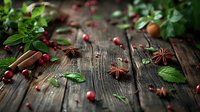 Fresh cranberries scattered on rustic wooden surface with star anise, cinnamon sticks and green leaves creating festive holiday food composition.