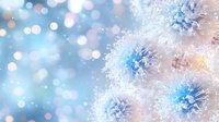 Microscopic coronavirus cells on light blue background with bokeh effect and soft focus, showing detailed viral structure in cool tones.
