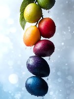 Fresh colorful plums hanging in rainbow gradient from green to blue with water drops and bokeh background, macro food photography for healthy eating concept.
