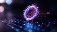 Glowing purple energy ring with particle effects floating above computer keyboard in dark setting, creating magical tech atmosphere with bokeh lights.
