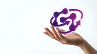 Hand holding purple connected people network icon symbolizing community, teamwork, social connection and collaboration for business growth.