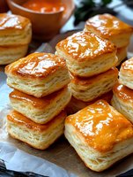 Golden flaky puff pastry squares with glossy egg wash glaze stacked on parchment paper for bakery menu and culinary advertising projects.