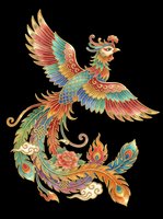 Ornamental phoenix bird with vibrant feathers in red, blue, and gold, featuring decorative scrollwork and floral elements. Isolated on transparent background, ready for t-shirts, clipart, stickers, and print-on-demand designs.