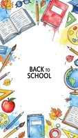 Watercolor back to school frame with educational supplies, books, pencils, apple, globe and autumn leaves on white background for student designs.