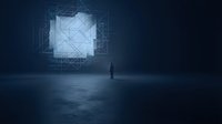 Silhouetted figure standing before glowing geometric wireframe cube in dark digital space, representing technology, innovation, and future concepts for business presentations.