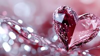 Crystal heart shape with pink and red tones against blurred bokeh background creates romantic atmosphere for Valentine's Day cards and love-themed designs.